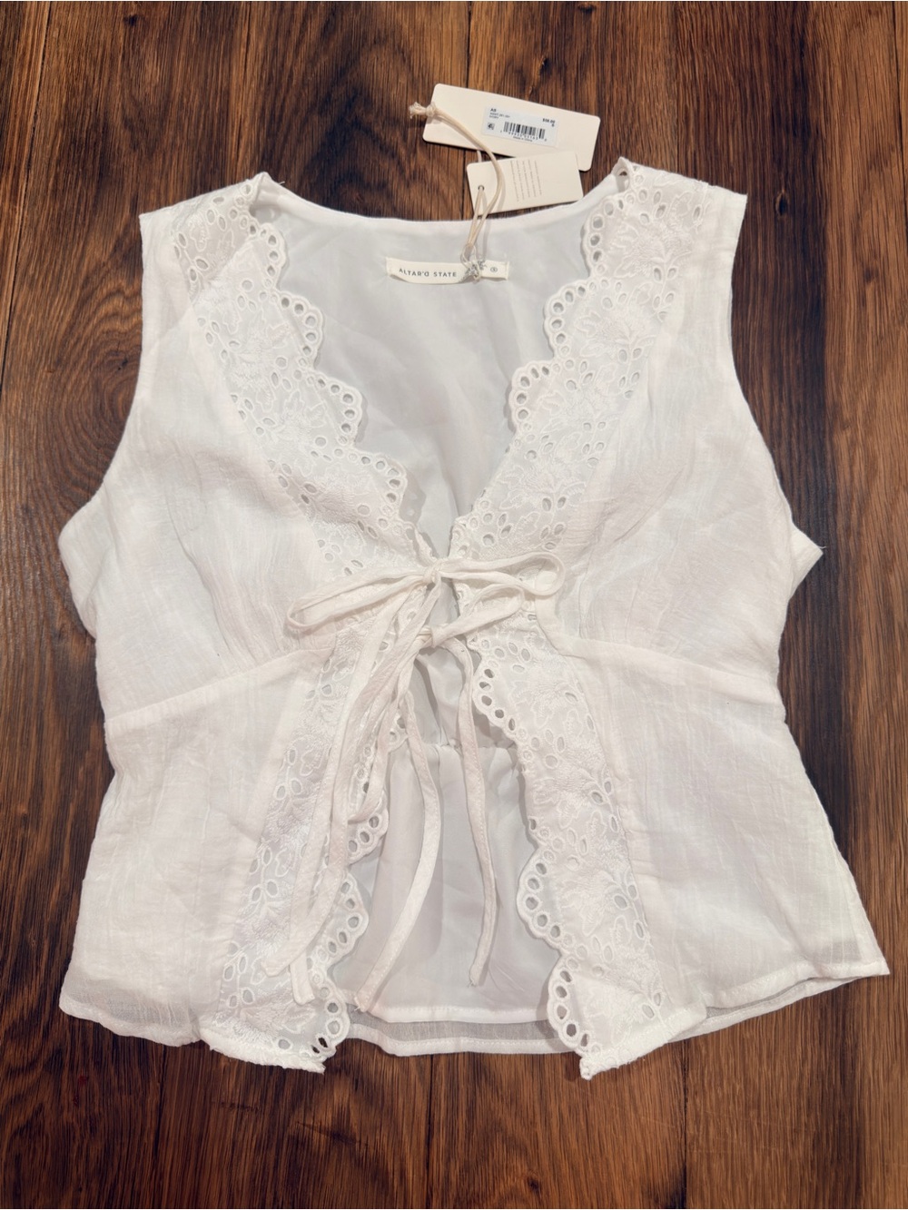 Altar'd State White Eyelet Tie-Front Linen Blend Blouse